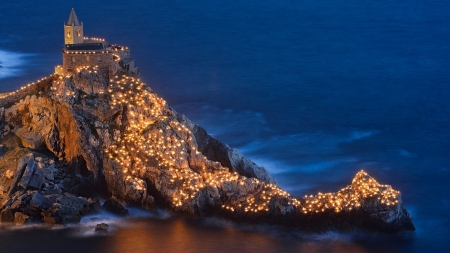 church of st peter liguria at christmas - church, cliff, shore, sea, lights, rocks