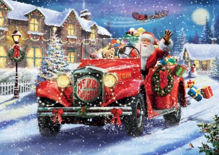 Driving Santa - house, winter, christmas tree, gifts, car, snow