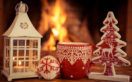 Happy Holidays! - craciun, ball, fire, deco, cup, christmas, white, lantern, red, orange, tree