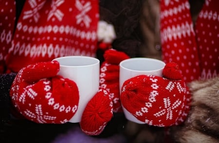 Enjoy Christmas with your friends! - white, winter, hand, red, cup, gloves