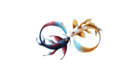 Infinity - white, fantasy, fish, yellow, infinty, couple, blue