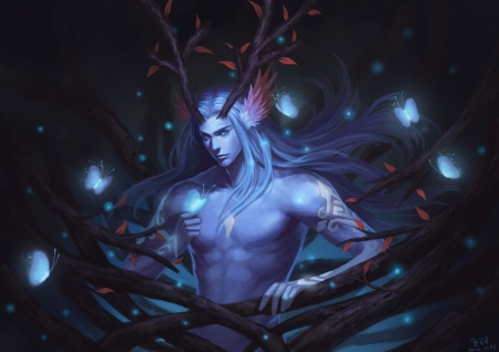 Forest creature - creature, demon, butterfly, fantasy, luminos, blue, man, horns