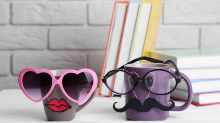 ツ - coffee, books, mustache, lips, glasses, funny, mug, cute, cup