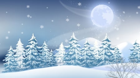 Blue Winter - moon, trees, blue, snow, forest, woods