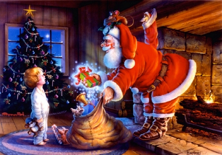 Special Gift from Santa - toys, winter, fireplace, christmas, santa, warm, boy, sweet, tree, gifts