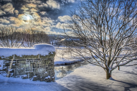 Winter At The River - landscape, clouds, village, bridge, tree, hdr, snow