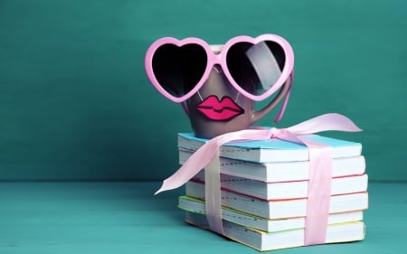 Funny cup - heart, blue, girl, books, pink, lips, white, funny, green, sunglasses, cup