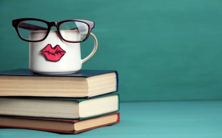 Funny cup - white, lips, glasses, blue, books, green, funny, cup