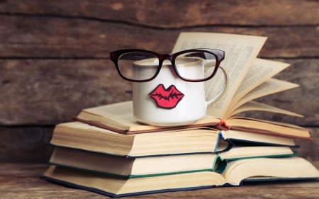 Funny cup - white, book, funny, glasses, pink, lips, cup