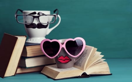 Funny cups - couple, girl, lips, heart, valentine, sunglasses, funny, cup, white, purple, man, pink, blue, books, green