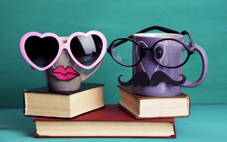 Funny cups - couple, lips, girl, heart, valentine, sunglasses, funny, cup, white, purple, pink, man, books