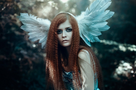 Angel - blue, girl, angel, redhead, woman, model, wings, feathers, bella kotak