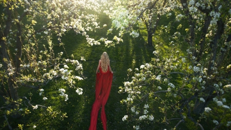 Lady in Red - flowers, garden, red, woman