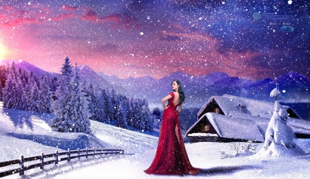 Beautifull landscape with woman in red dress snow - woman, beauty, cottage, sky, slope, trees, colorful, path, cold, houses, lady, stars, fence, girl, landscape, mountain, winter, snowflakes, forest, red, snow, beautiful, dress