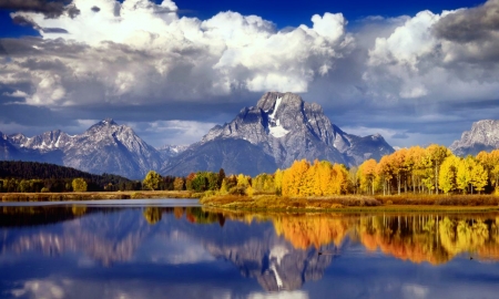 Autumn mountain - clouds, trees, hills, beautiful, tranquil, forest, reflection, mountain, fall, mirror, autumn, serenity, lake, sky