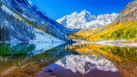 Autumn and winter in the mountain - season, autumn, lake, sky, landscape, hills, trees, winter, rocks, fall, forest, reflection, mirror, snow, beautiful, cliffs