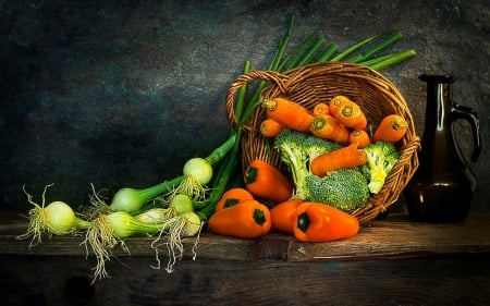 Still Life - peppers, spring onions, basket, carrots