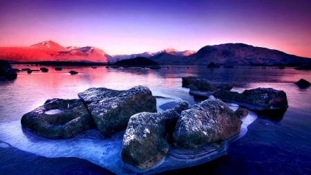 lake and mountains in blue and red - red, lake, mountains, rocks, sunrise, blue