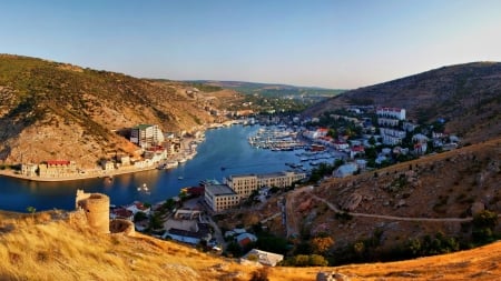 balaklava crimea - town, river, hills, boats, marina