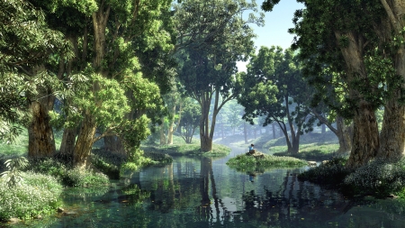 A Place of Solace - lake, forest, pond, landscape, dream, 3d, cgi, boy