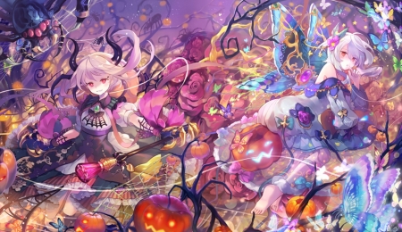 Fantasy World - witches, anime, yellow, female, blue, butterflies, landscape, night, pink, fairies, purple, red, halloween, art, anime girl, beautiful, beauty, colors, orange, girls, colorful, fantasy, lady, green, woman, cute