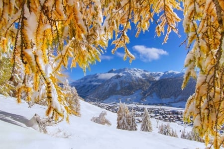 Early winter in mountains - early, branches, valley, sky, mountain, trees, landscape, hills, winter, village, snow, beautiful