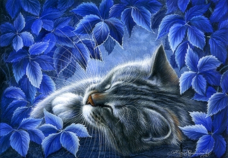 Blue Hours - love four seasons, animals, cats, blue, draw and paint, leaves, paintings, kitten