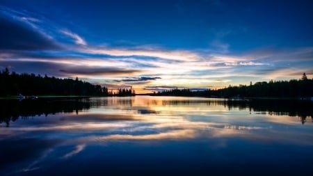 The Evening Sky - sky, lake, reflection, clouds, trees, nature