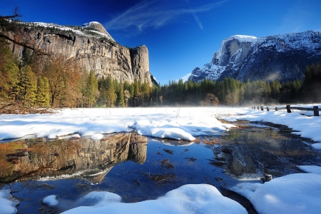 Yosemite Winter, California - valley, national park, river, snow, mountains, usa