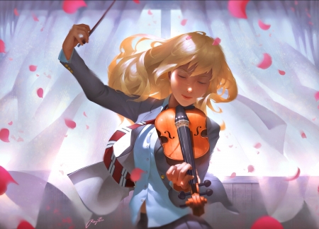 Miyazono Kawori - girl, instrument, fantasy, regition, art, pink, petals, blue, anime, violin, miyazono kawori, manga