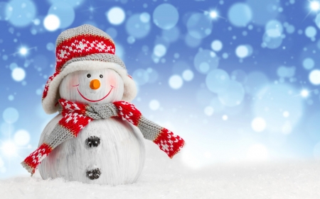 Snowman - cute, snowman, adorable, christmas, smiling, white, hat, deco, new year, cold, red, funny, winter, snowflakes, sweet, craciun, scarf, blue, toy, card, bokeh, snowfall, snow