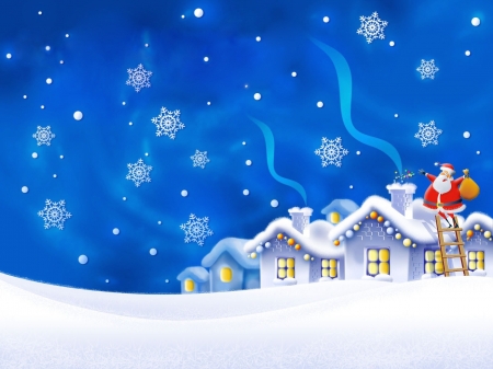 Merry Christmas! - house, winter, snowflakes, blue, christmas, santa, white, craciun, red, smoke