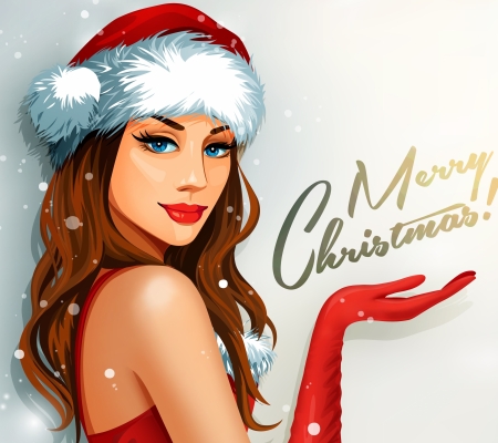 Merry Christmas! - woman, craciun, girl, hat, gloves, christmas, white, santa, red, card