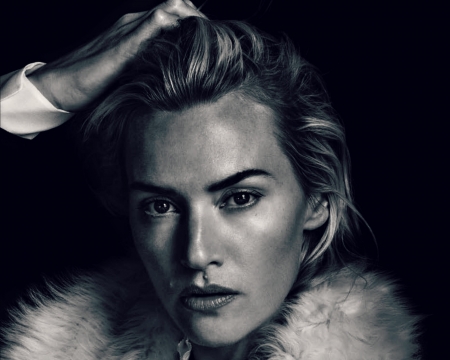 Kate Winslet - black, fur, white, winter, Kate Winslet, woman, bw, actress