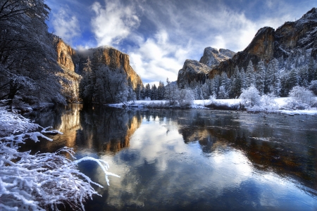 Yosemite Valley, California - clouds, river, trees, snow, mountains, reflection