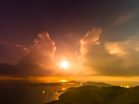 Sea Sunset - lights, clouds, island, city, bay, sunset, nature