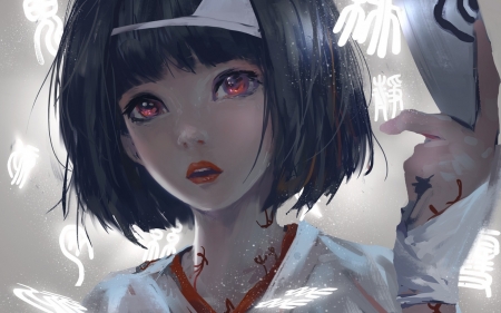 Nora - anime, blue, wlop, girl, eyes, orange, nore, fantasy, art