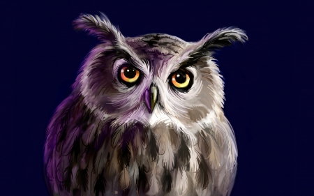 Owl - purple, digital, bird, owl, painting, yellow eyes, blue, art