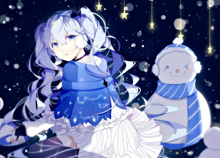 Hatsune Miku - snowman, vocaloid, winter, lococo p, snow, girl, hatsune miku, stars, manga, white