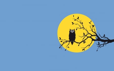 Moonlight - moon, vector, branch, black, bird, yellow, blue, luna, owl