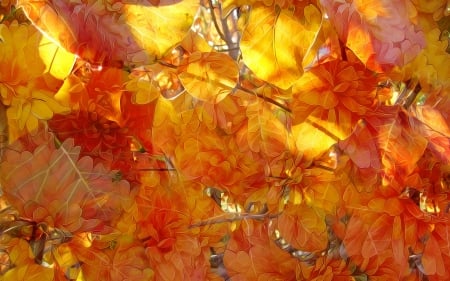 Autumn leaves - red, pictura, leaf, orange, yellow, painting, autumn, art