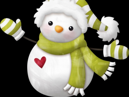 Snowman - white, winter, black, hat, scarf, snowman, green