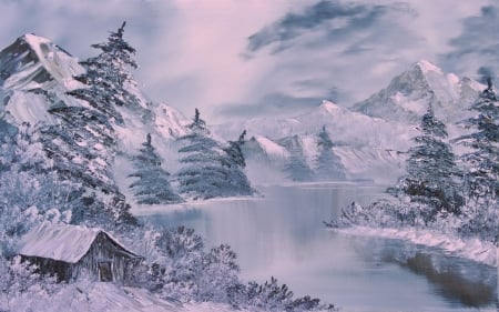 Frozen nature - mountain, forest, snow, pine, river, winter, cabin, tree