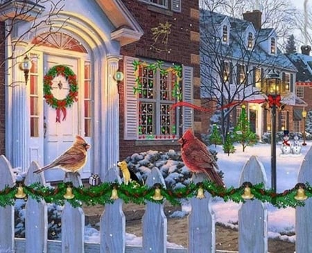 Christmas House - house, cardinal, snowman, pine trees, birds, decoration, snow, bells, lamp, fence, light