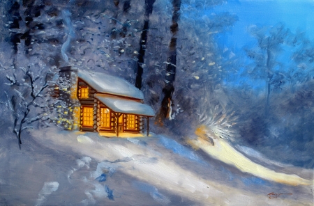 Winter cottage - cottage, trees, peaceful, light, winter, path, serenity, painting, art, forest, snow, beautiful, cabin, house