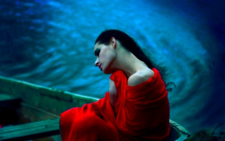 Melancholic Girl in Boat - nice, woman, serene, female, girl, photography, scarf, pretty, red, beautiful, melancholic, boat