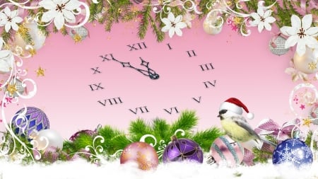 Christmas Clock - pine, time, christmas, bird, fir, snow, decorations, new years, holiday, clock, feliz navidad