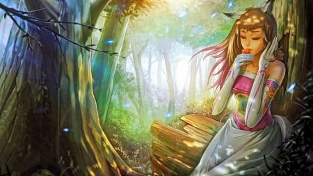 Fox Spirit - women, legend, forest, magic, eastern, fantasy, flower