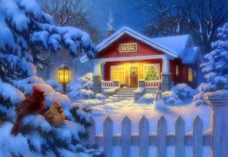 Christmas Bungalow - snowman, winter, attractions in dreams, paintings, snow, christmas trees, holidays, xmas and new year, cardinals, bungalow, Christmas, love four seasons, houses