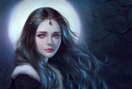 Lady of the Night - pretty, tiara, night, long hair, fantasy woman, art, moon, abstract, beautiful, beauty, lovely, sweet, tree, black, fantasy, black hair, cute